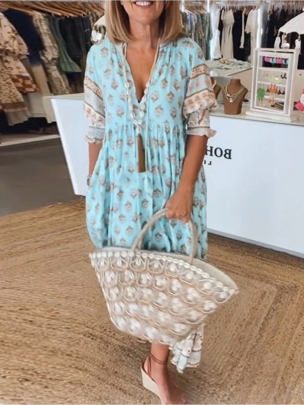 Boho Light Blue Floral Maxi Dress with Tassel Tie
